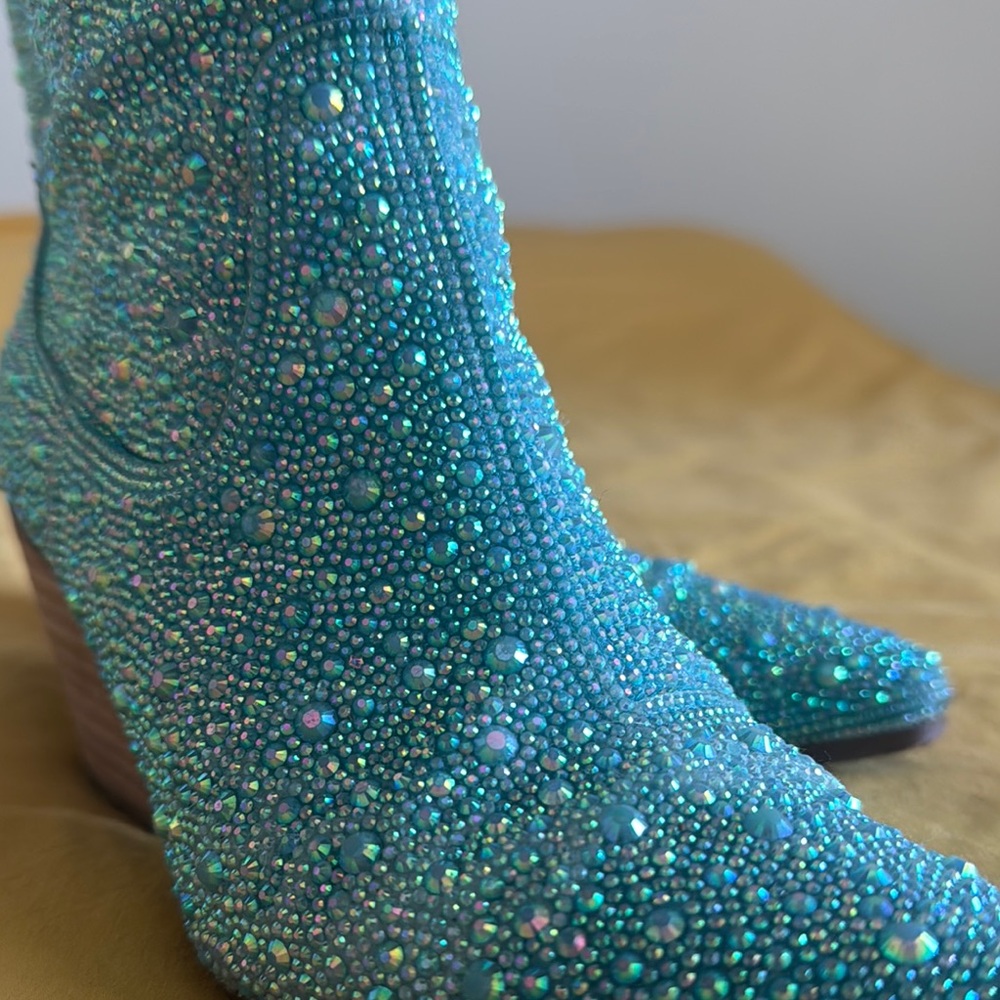 Betsey Johnson Diva Turquoise Rhinestone Crystal Glitter Ankle Cowboy Boots 6.5 - Picture 6 of 12